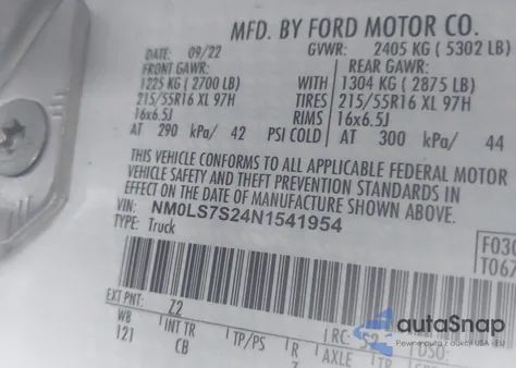 2022 Ford Transit Connect Xl из США, поврежденный, VIN NM0LS7S24N1541954